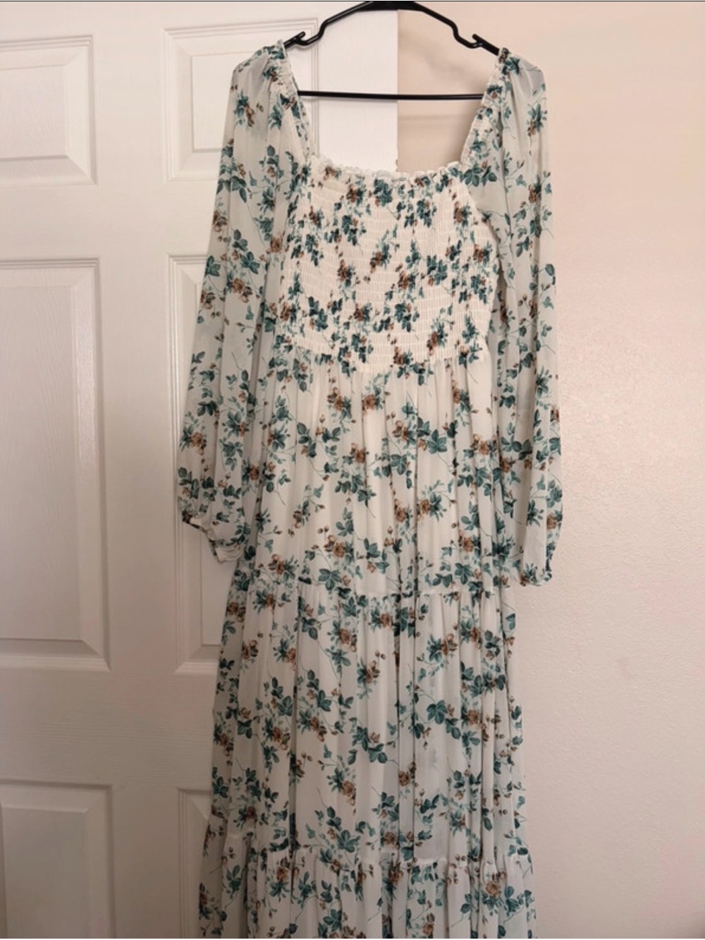 Baltic Born smocked bubble longsleeve  Floral teal Tiered Maxi Dress